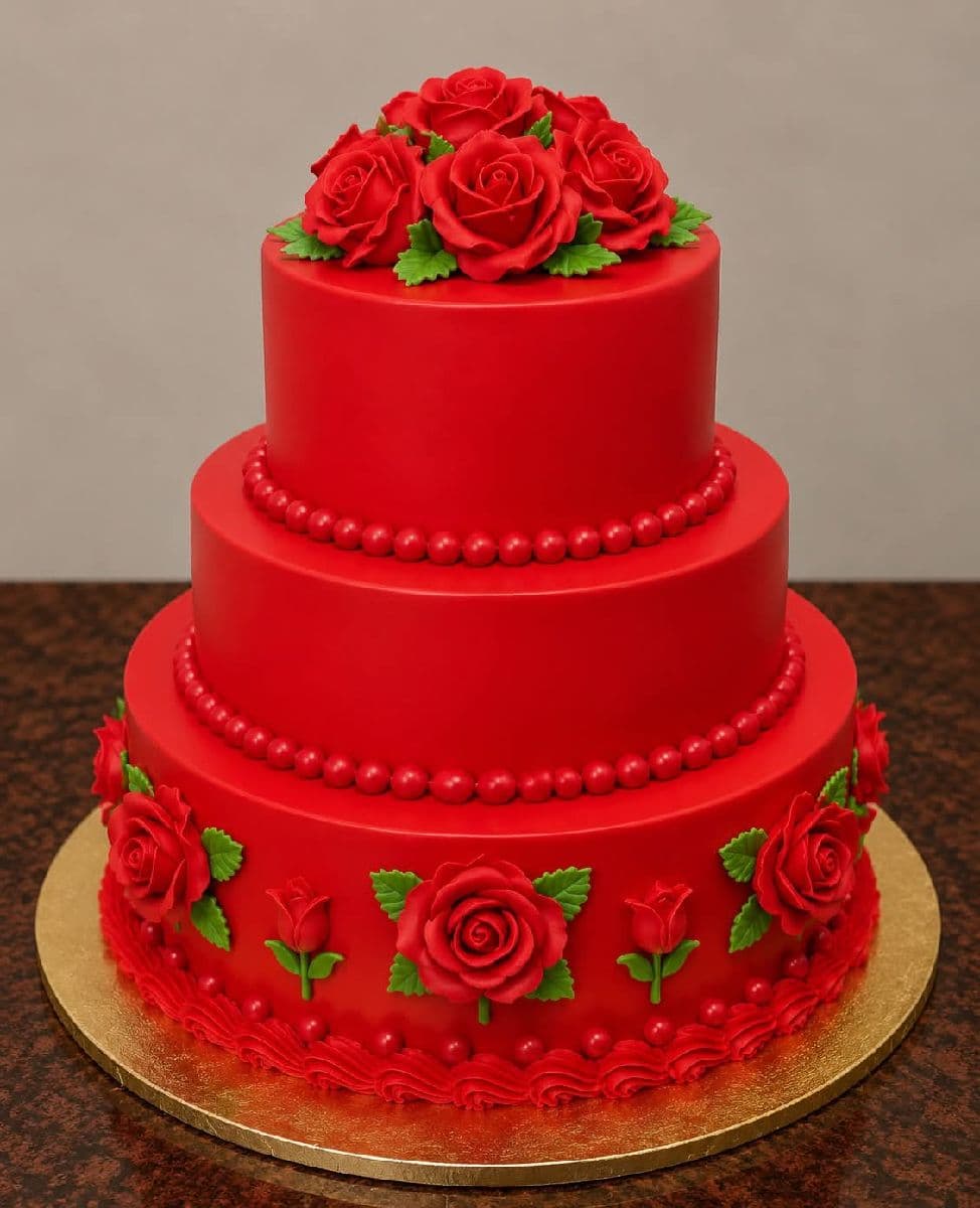 রেড রয়্যাল রোজ থ্রি-টিয়ার কেক ❤️🎂