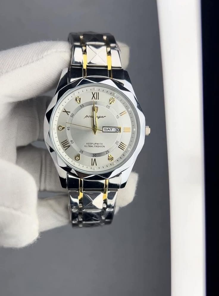⌚ Poedagar Day-Date Premium Stainless Steel Watch (Silver & Gold Edition)
