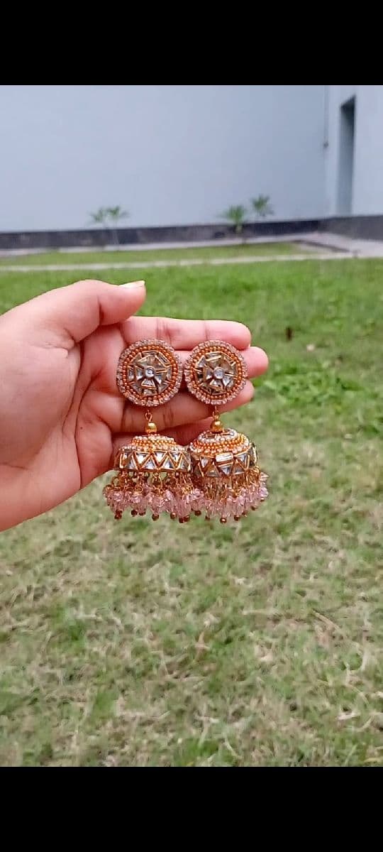 Golden Pink Bridal Jhumka Set