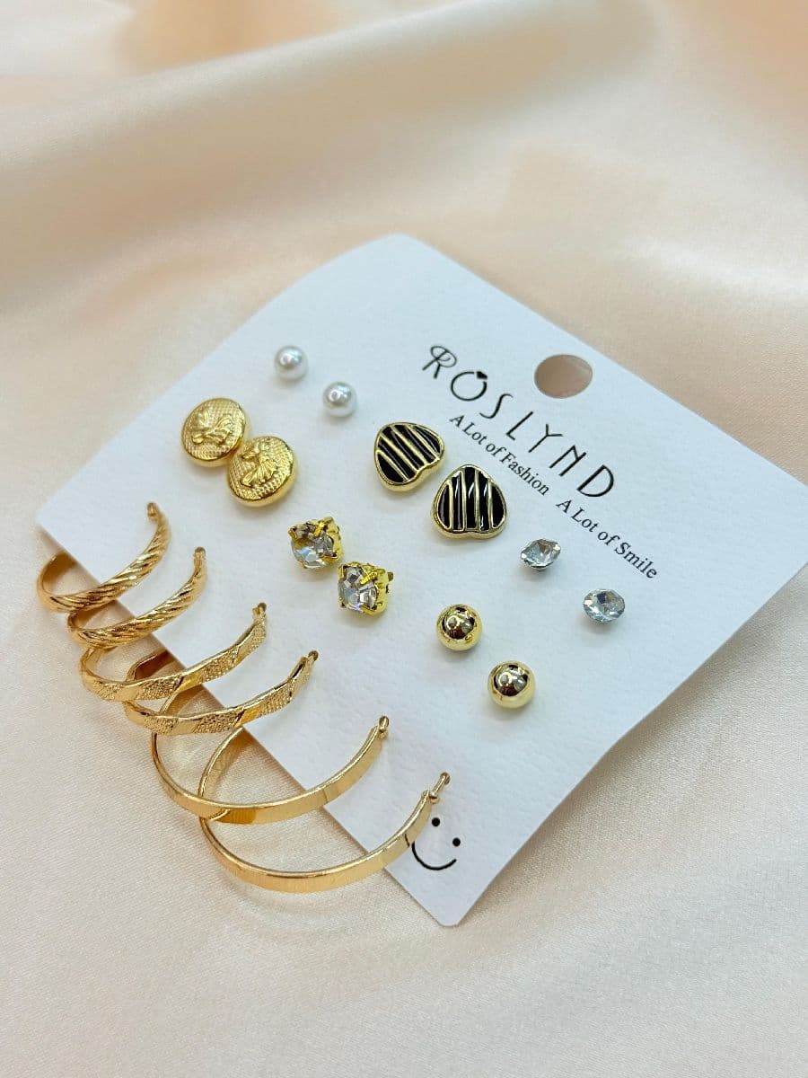 Multi-Design Stud & Hoop Earrings Combo Set (9 Pairs Card)