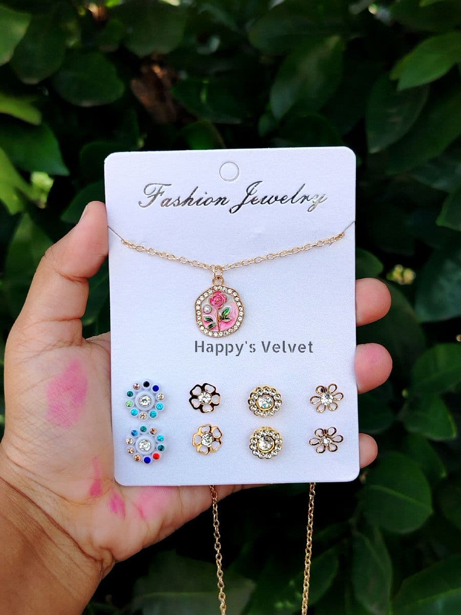 Pink Rose Pendant Necklace & 4 Pairs Stud Earrings Combo Set