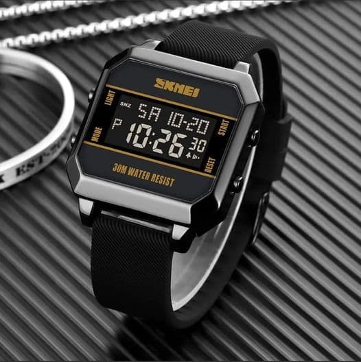 Brand: SKMEIMaster Copy Time display with LED backlight functionWater resistance 30 mSquare dial for creativityCyberpunk fashion styleDual time + countdown + 12/24 hoursHard fearless, be yourself!Type: fashion casual sports watch for men and womenMovement: digital movementCase Thickness: 12mmBand Width: (Approx) 2.0cmDial Diameter: (Approx.) 4.0cmStrap material: durable PU leatherBody material: zinc alloyClasp: Stainless steel buckleAccurate time displayThis is a good gift for someone specialNote: We recommend not wearing it while swimming. But if you are going to swim or dive, please do not press the buttons underwater!