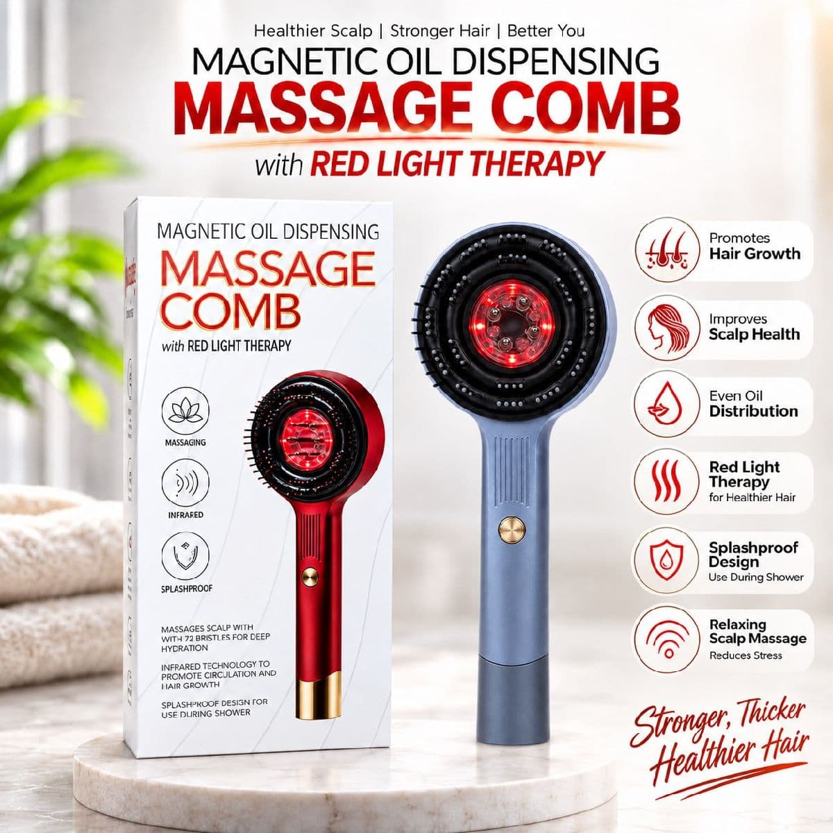 Magnetic Oil Dispensing & Red Light Therapy Scalp Massage Comb