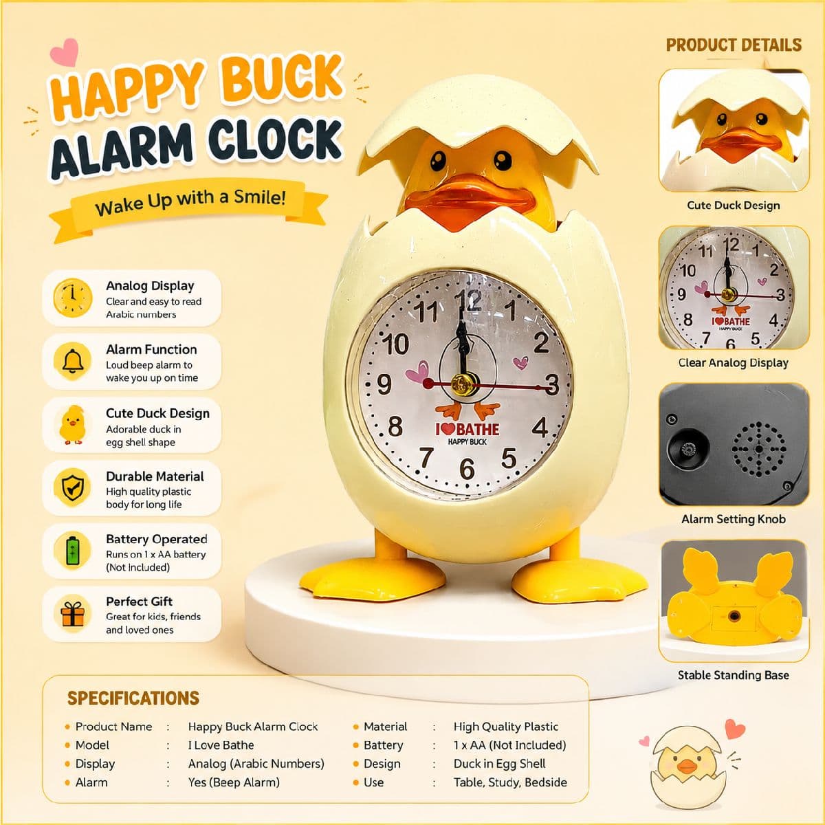 Cute Duck Egg Shell Cartoon Alarm Clock – Kids Desk & Bedroom Table Clock with Night Light
