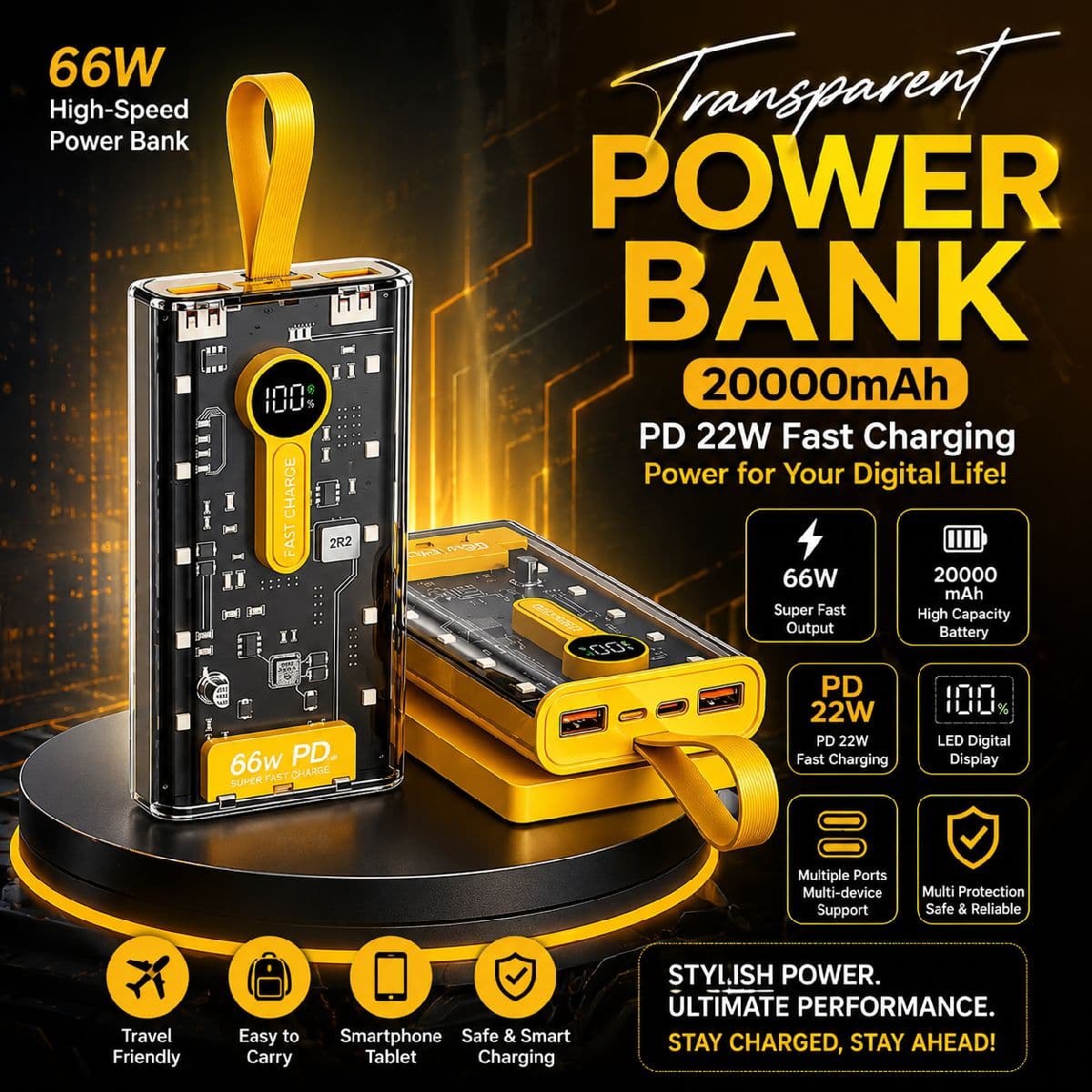 Transparent 66W High-Speed Power Bank 20000mAh | PD 22W Fast Charging