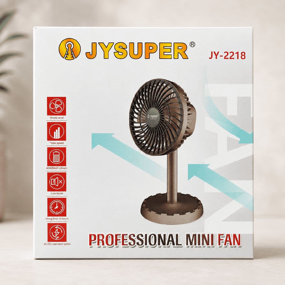 JYSUPER JY-2218 Rechargeable Mini Table Fan 12.5 Inch – 4000mAh Battery, 3 Speed, USB Type-C & Type-B Charging-জয়সুপার জে ওয়াই ২২১৮ রিচার্জেবল মিনি টেবিল ফ্যান