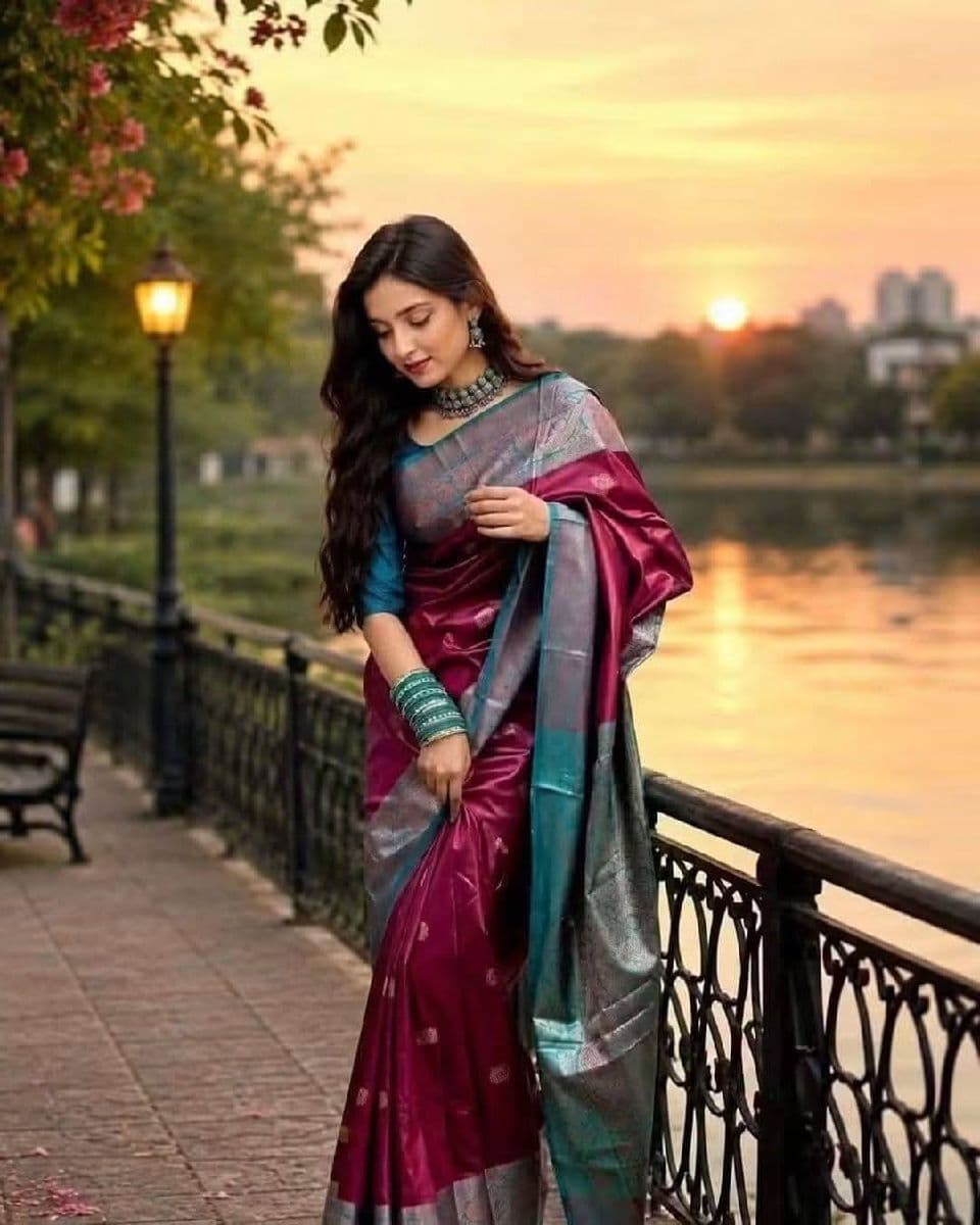 ✨ Premium Maroon Soft Silk Saree with Contrasting Teal-Blue Zari Woven Pallu & Border